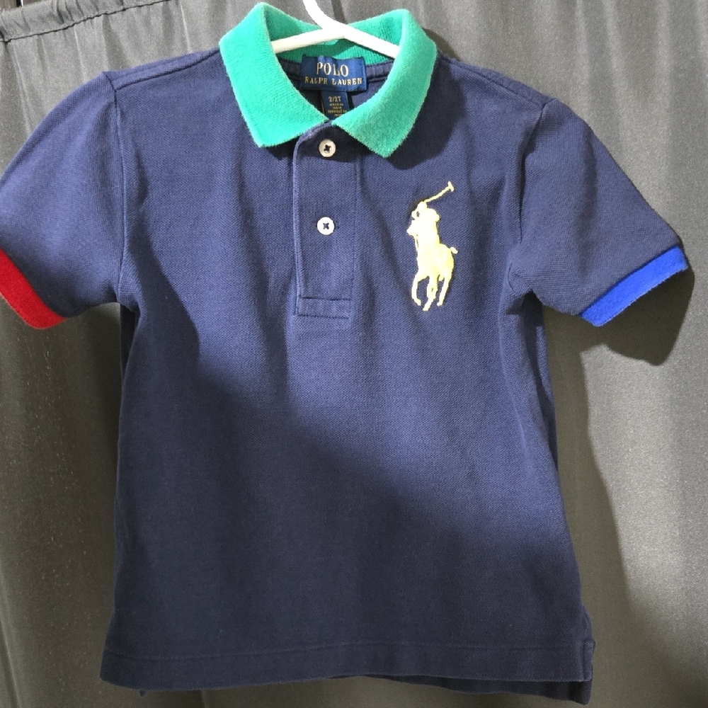 Polo by Ralph Lauren Kids Polo Shirt in Navy with Green Collar
